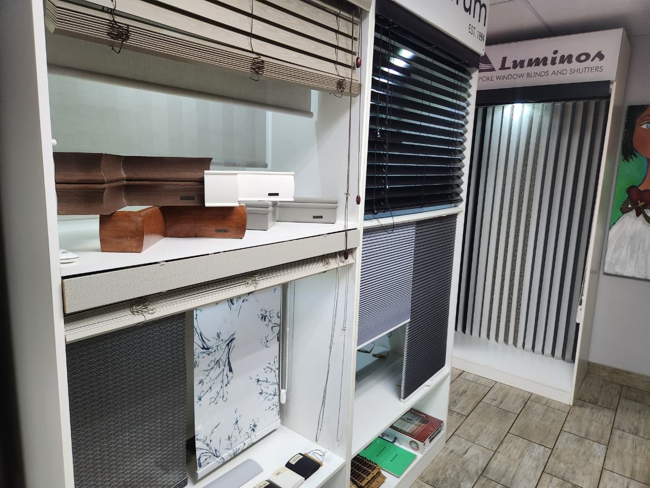 Blind samples on display in the Linric Blinds showroom